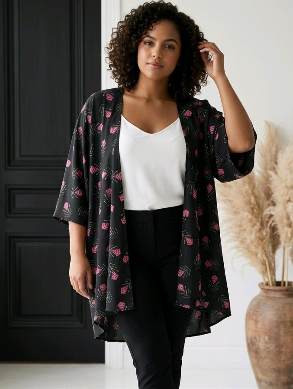 LuLaRoe Lindsay Kimono Cardigan Black Pink Geometric Chiffon Open Front NWOT L